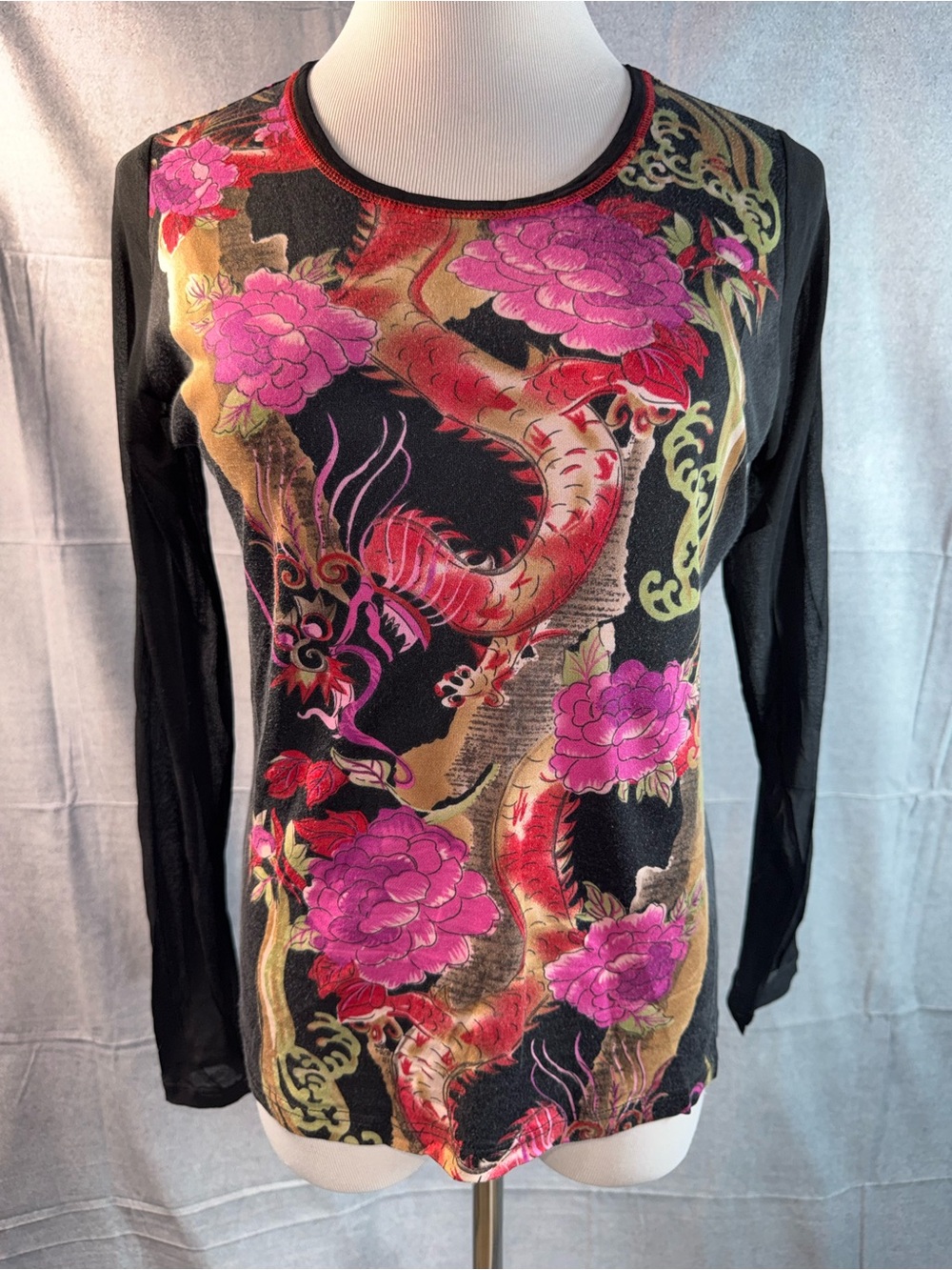 2150-Lynn Richie Black Floral Dragon Long-Sleeve Tee with Pink & Gold Accents
